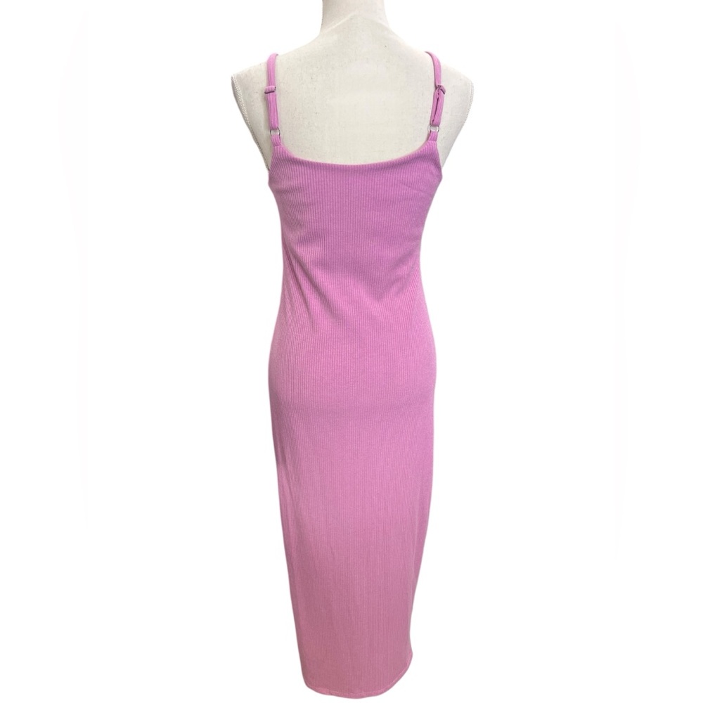 VICI Pink Ribbed Knit Bodycon Midi Dress Square Neck Side Slit Size M - Picture 6 of 14